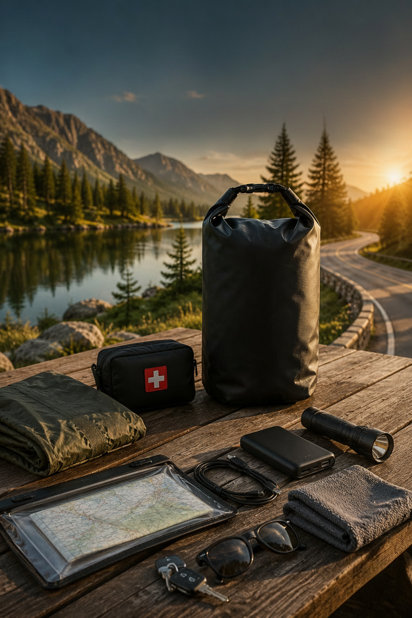 Outdoor gear on a wooden table with a scenic mountain and lake background
