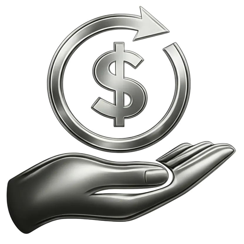Metallic hand holding a circular symbol with a dollar sign and arrows on a white background
