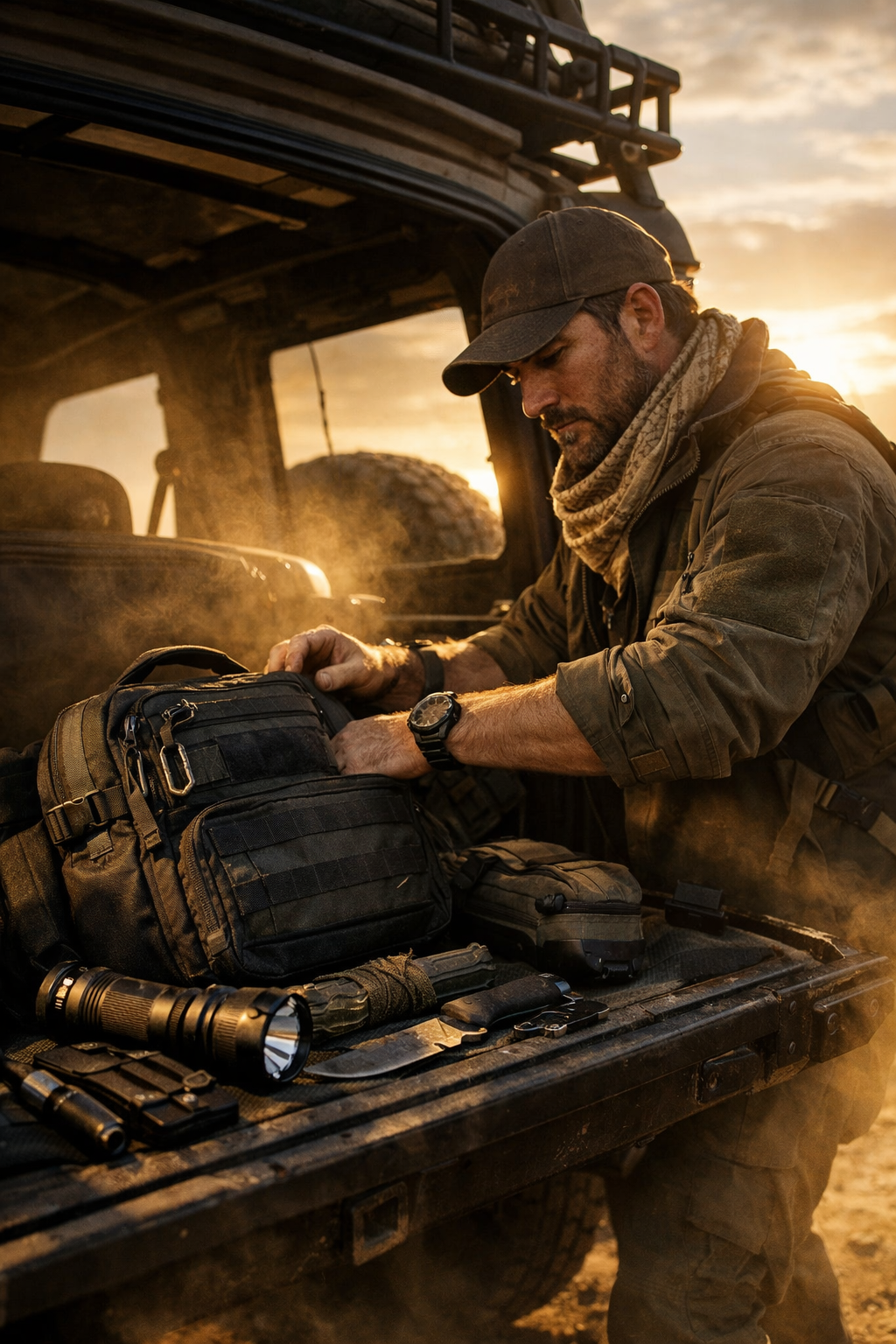 Man preparing equipment on a vehicle in a desert setting