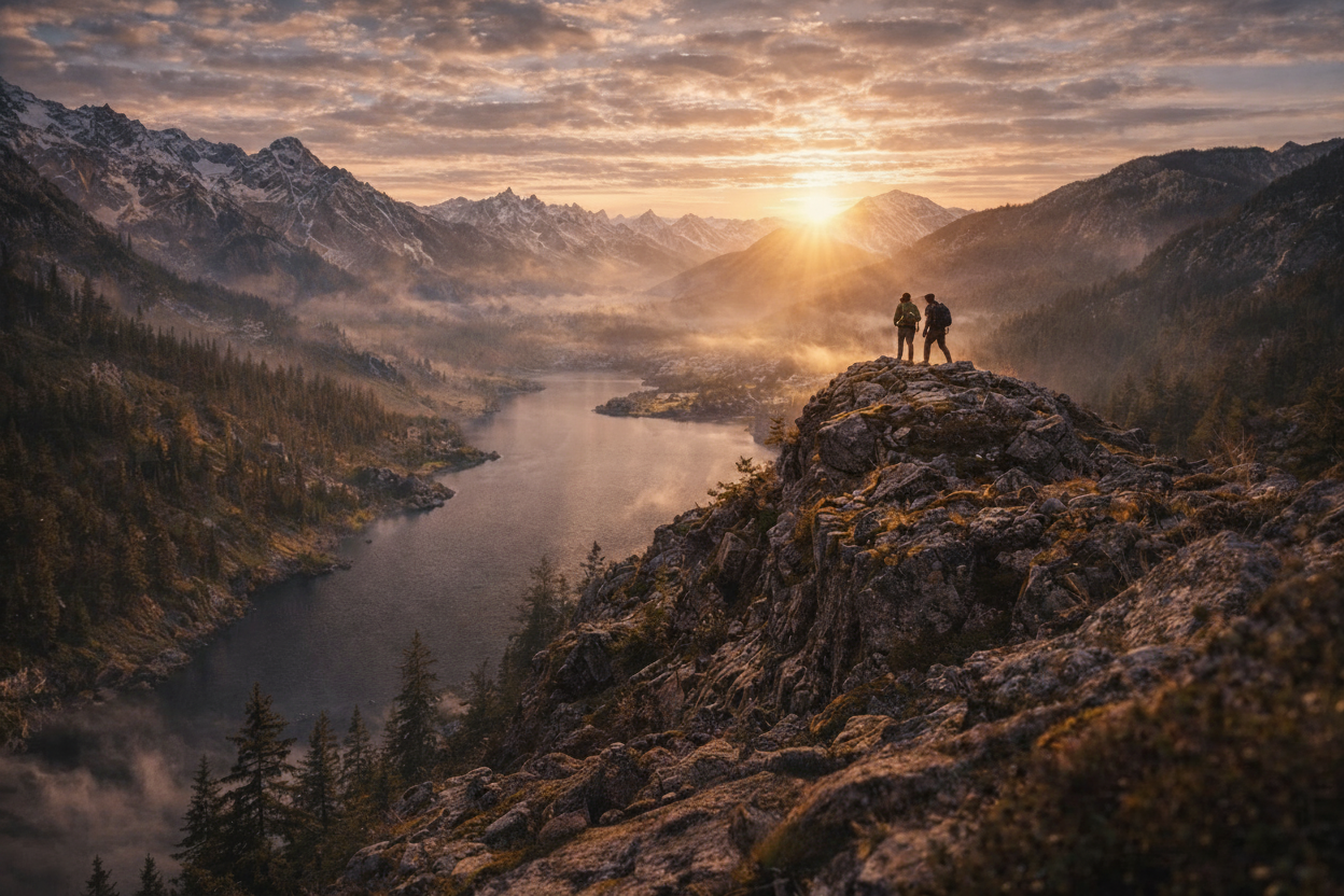 Two people standing on a rocky outcrop overlooking a lake with mountains at sunset, featuring the Apax Gear logo.
